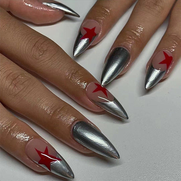 Oxidised Silver Stars | Long Almond, Press on Nails