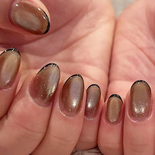 Brown Cat Eye Midum Round with Frech Art | Party Press-On Nails