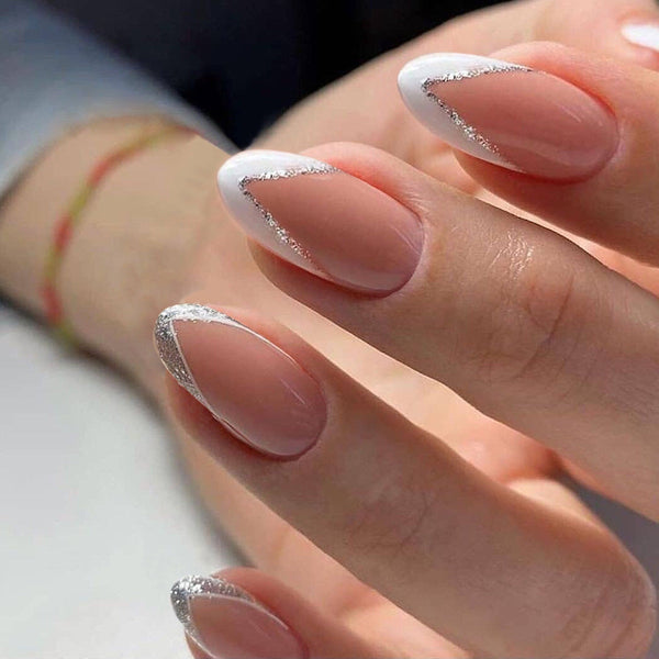 Nude Shimmery French Tips Short Round | Party Press on Nails
