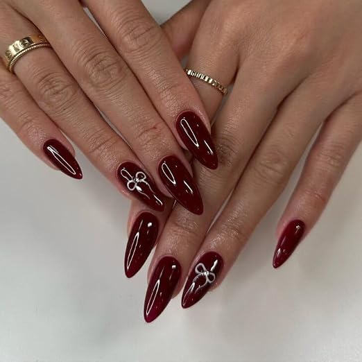 Maroon colour with White Bow Design Glossy Press on Nails