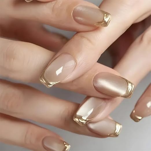 Bridal Nude Gold French Tip Press On Nails Square Shape