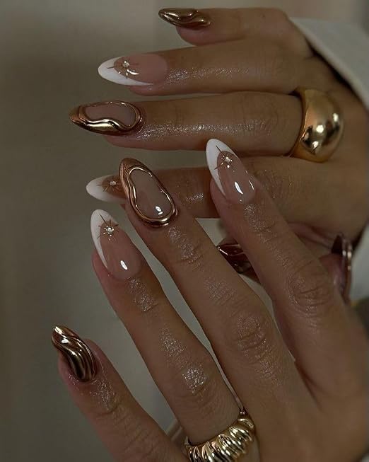 Bridal Trandy Nude French Tips with 3D Chrome Art Press on Nails