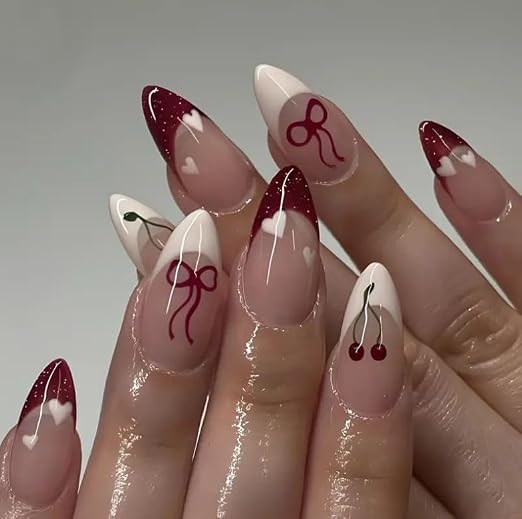 Peach Base Colour White and red  Bow Design Glossy Nails