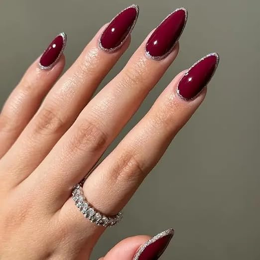 Simple Bridal Dark Red Color With Silver Glitter Press on Nails