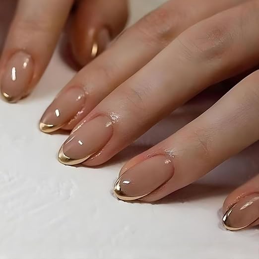Peach Color With Golden Round On Tip Short Round Oval Shape Glossy Press On Nails
