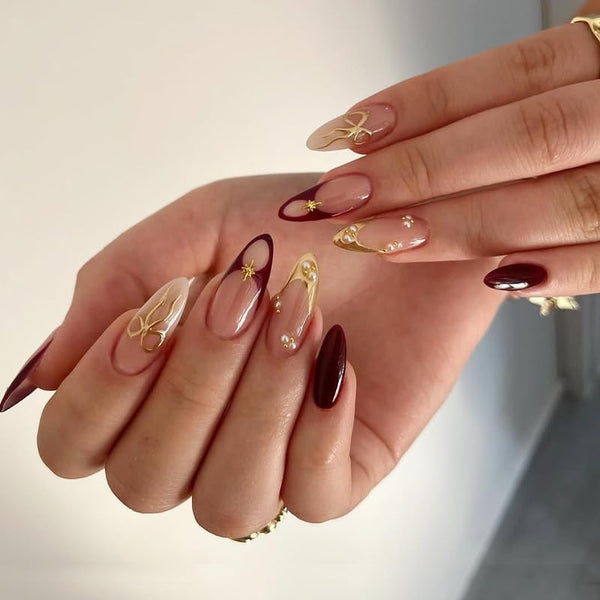 Bridal Press On Nails  Nude and Dark Maroon Chrome Art