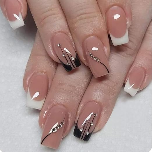 Skin & Black Color Combo Press On Nails