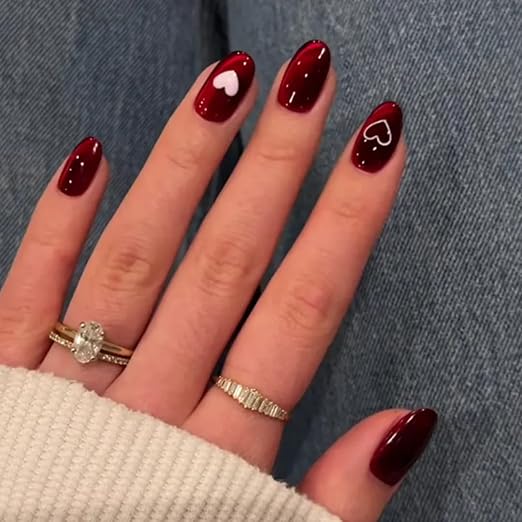 Red Cateye With White Heart Perfect Party Glossy Press on Nails