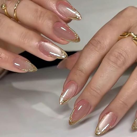 Nude Cateye with French Chrome Art Press on Nails