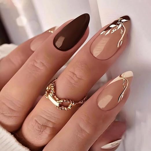 Bridal Press On Nails Nude and Dark Maroon Glitter and Petal Art