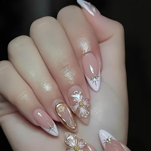 Bridal White French Floral Long Press on Nails