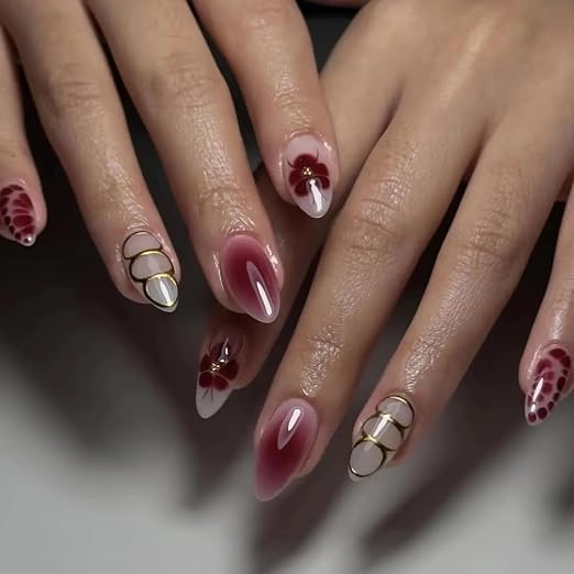 Nude nails with Brown Flower Art Press on Nail