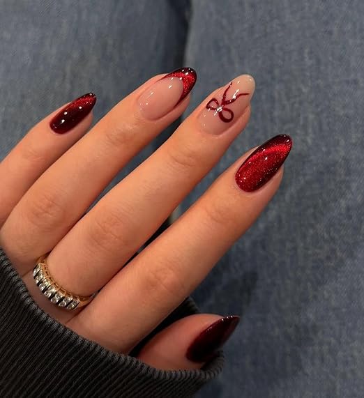 Red Cateye With Nude Color Bow Art Press on Nails