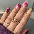 Dark Purple and Nude Color With 3D Flower and Chrome Art Press On Nails
