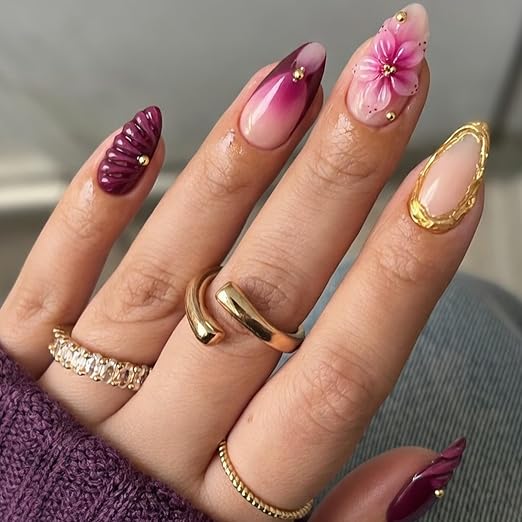 Dark Purple and Nude Color With 3D Flower and Chrome Art Press On Nails