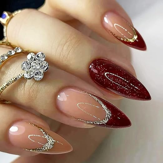 Bridal Maroon and Nude with Silver Glitter Art Press on Nails