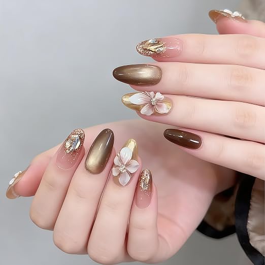 Brown Cateye Nails With 3D Art | Long Almond Press on Nails