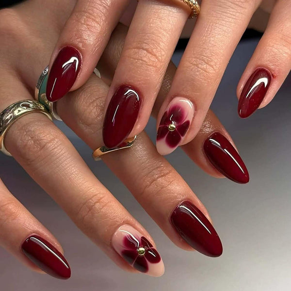 Bridal Dark Maroon with nude Blossom Art Press on Nails