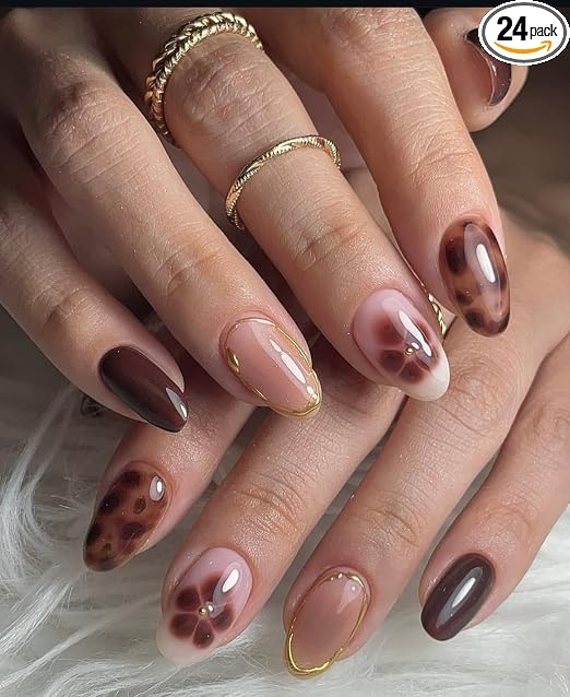Bridal Nude and Brown Blossom Art with Crome Round Shape Press on Nails