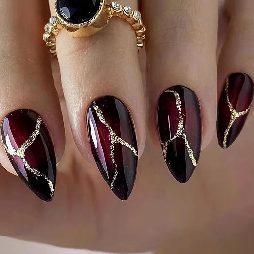 Black-Maroon Colour Cat Eye Effect Golden Glitter Glossy Press on  Nails
