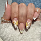 Short Press on Nails Almond Shape, French Tip Press on Nails for Wedding Events, Nail Set with Floral Designs