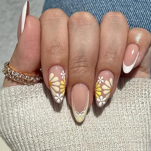 Short Press on Nails Almond Shape, French Tip Press on Nails for Wedding Events, Nail Set with Floral Designs