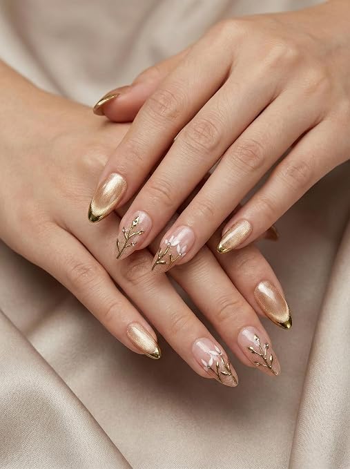 Bridal Gold & Nude Crome Art Press-on Nails