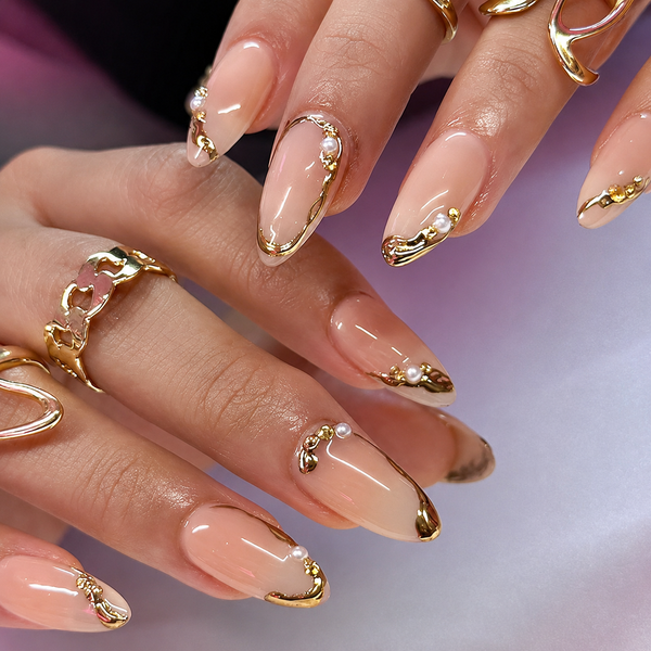 Bridal Nude Chrome Art with Pearl Press On Nails