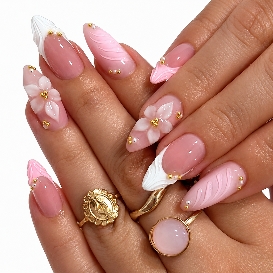 Trandy Nude Pink French Tip, 3D Floral Art with Shell Art Press on Nails