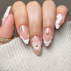 Nude White French Tip with 3D Flower Pearl Star 3D Almond Press on Nail