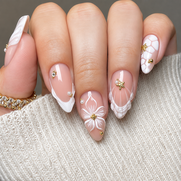 Nude White French Tip with 3D Flower Pearl Star 3D Almond Press on Nail