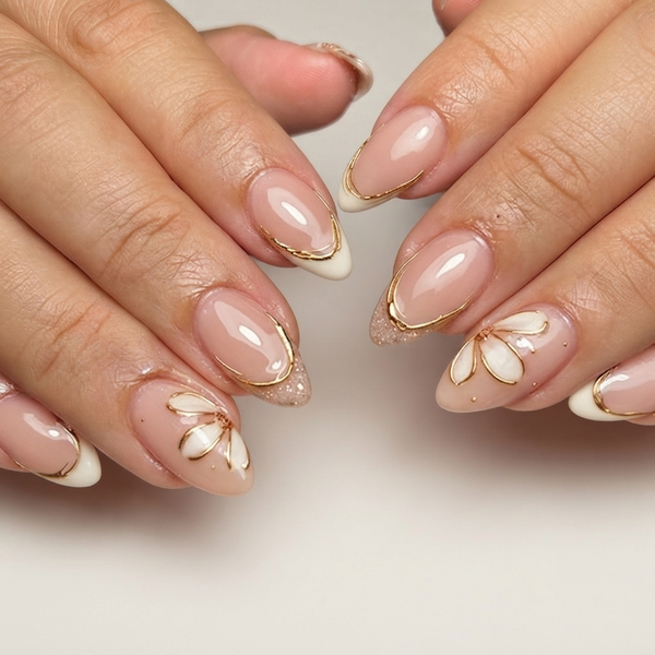Milky Nude Color with Flowe and 3D Nail Art