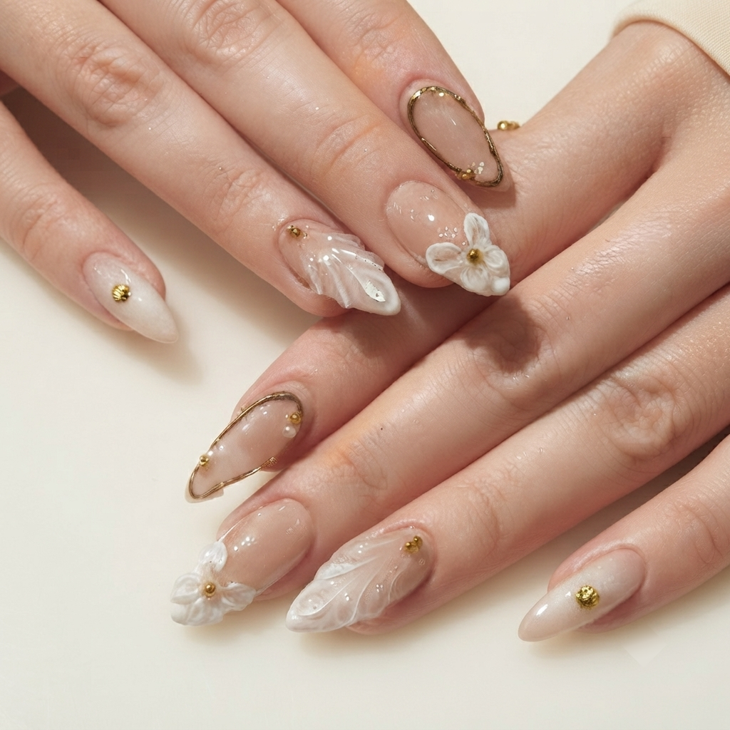 Nude and 3D White French Tip with Gilded Floral Designs, Almond Shaped Press on Nails