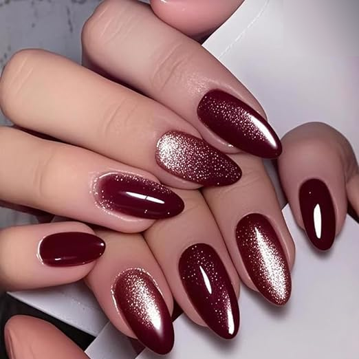 Bridal Maroon Cateye Medium Almond Press on Nails