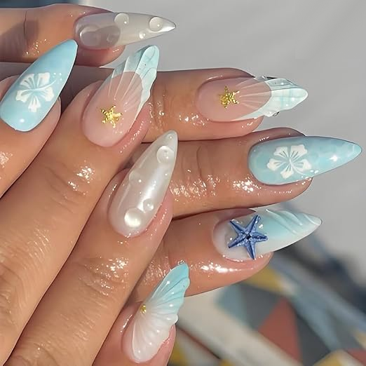 Ocean Nails with 3D Shell & Starfish Press on Nails Medium Almond