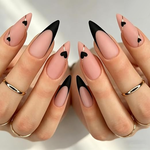 Medium Stiletto Nail Tips with French Heart Design, Elegant Black Gold Almond