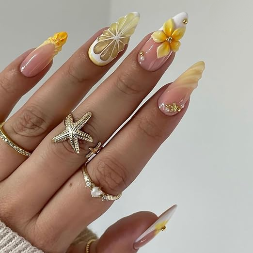 Beach Wibe Nails with 3D Shell , Flower , Pear Art Best For Vacation Press on Nails