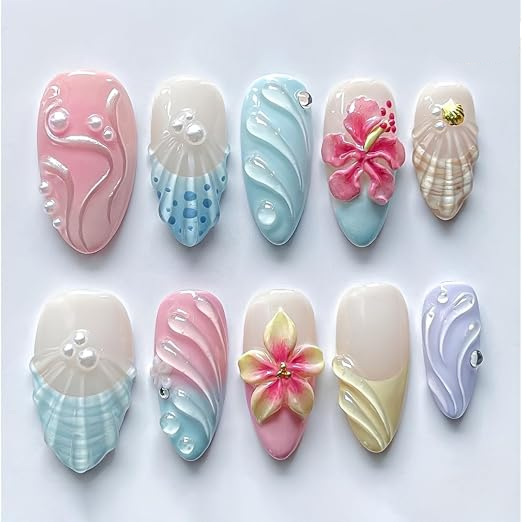 Beach Wibe Nails with 3D Shell , Flower , Pear Art Best For Vacation Press on Nails
