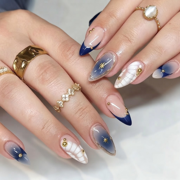 Trandy Nude with Blue French Tip with Chrome Art Press on Nails