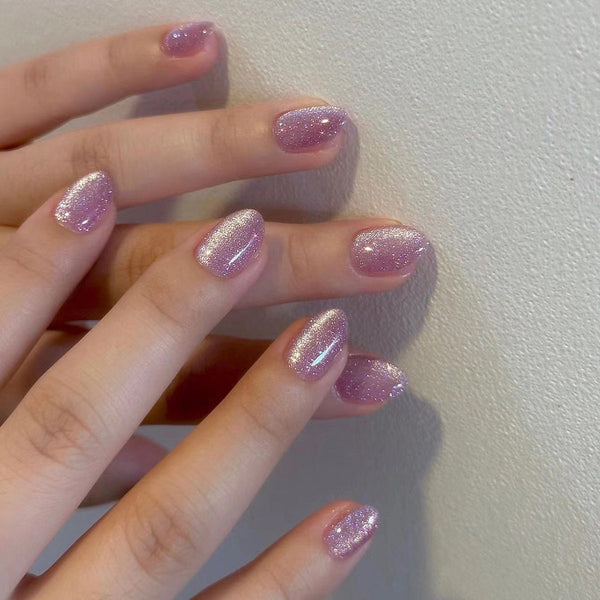 Purple glitter Cateye | Short Round, Press-On Nails