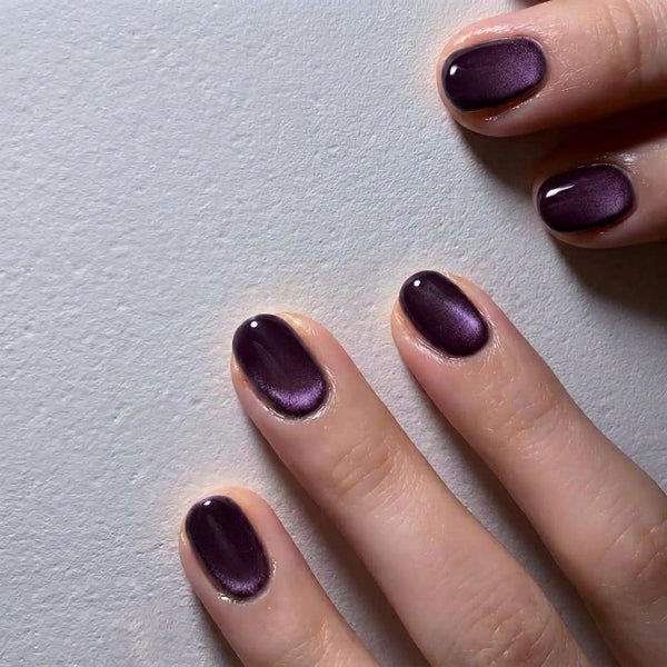 Puple Black Cat Eye Short Round | Party Press-On Nails