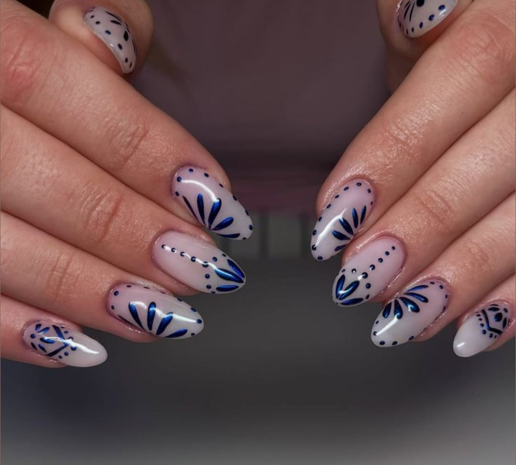 Milky White Navratri Nails With Blue Chrome Art