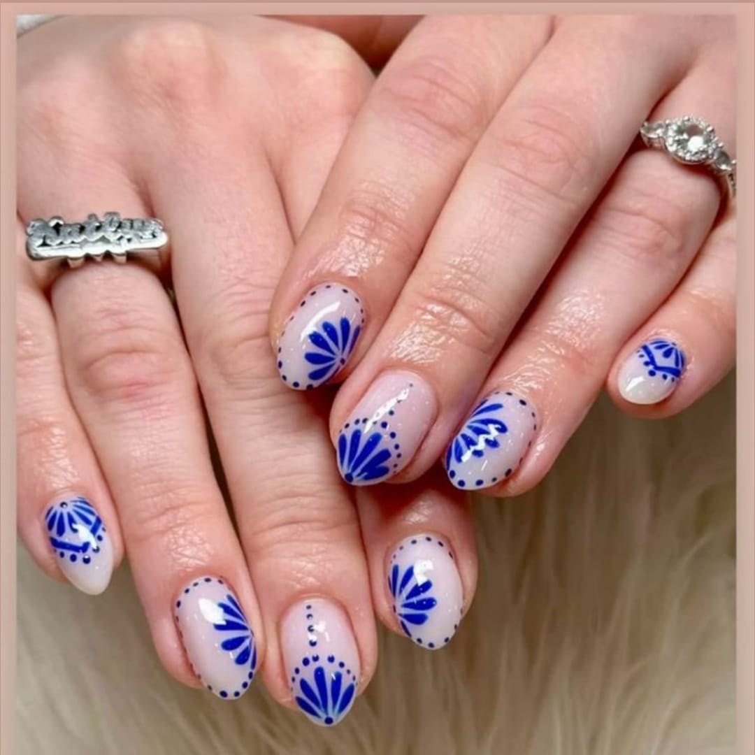 Milky White Press on Nails With Blue Art Work