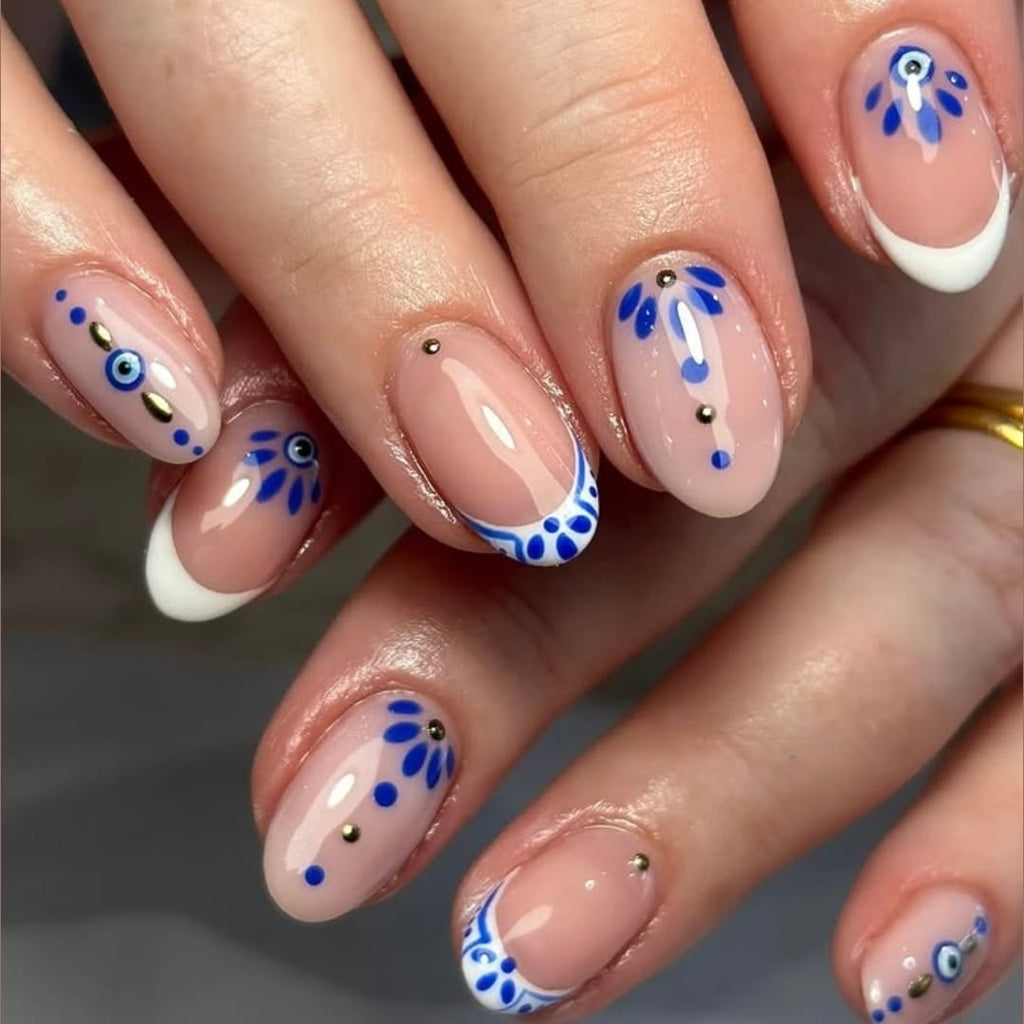 Nude Color with white French and Evil Eye Art Press on Nails