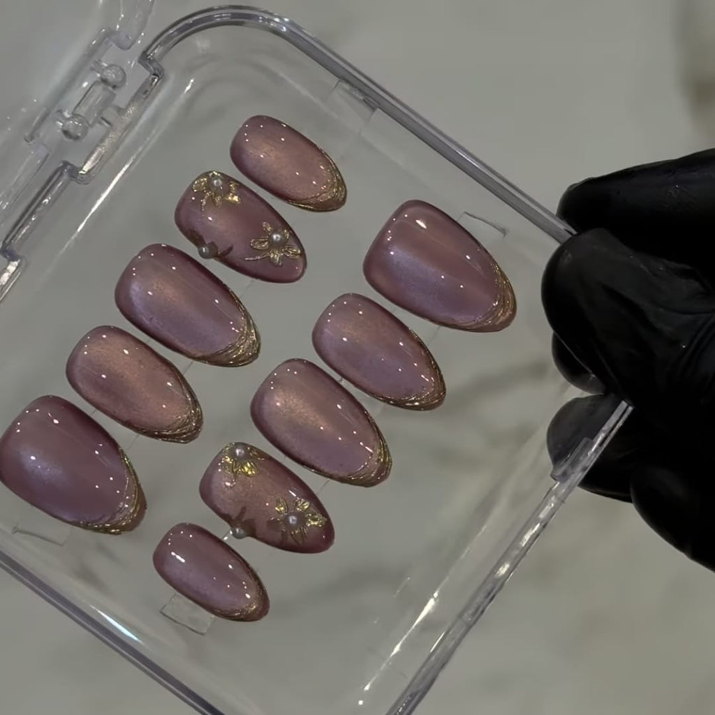 Engagement and Bridal Nude Pink Cat Eye Press on Nails with Chrome Art
