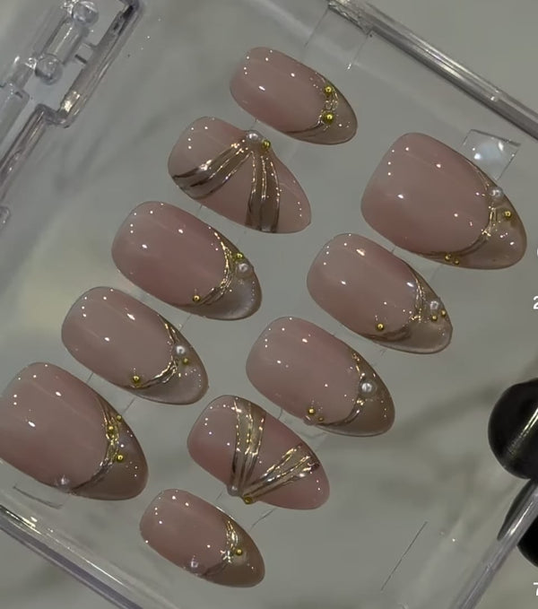 Engagement and Bridal Cat eye Press on Nails Nude Color With Chrome Art