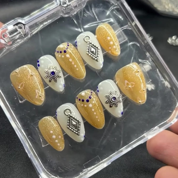 Trandy Nude Navratri Press on Nails with Charms