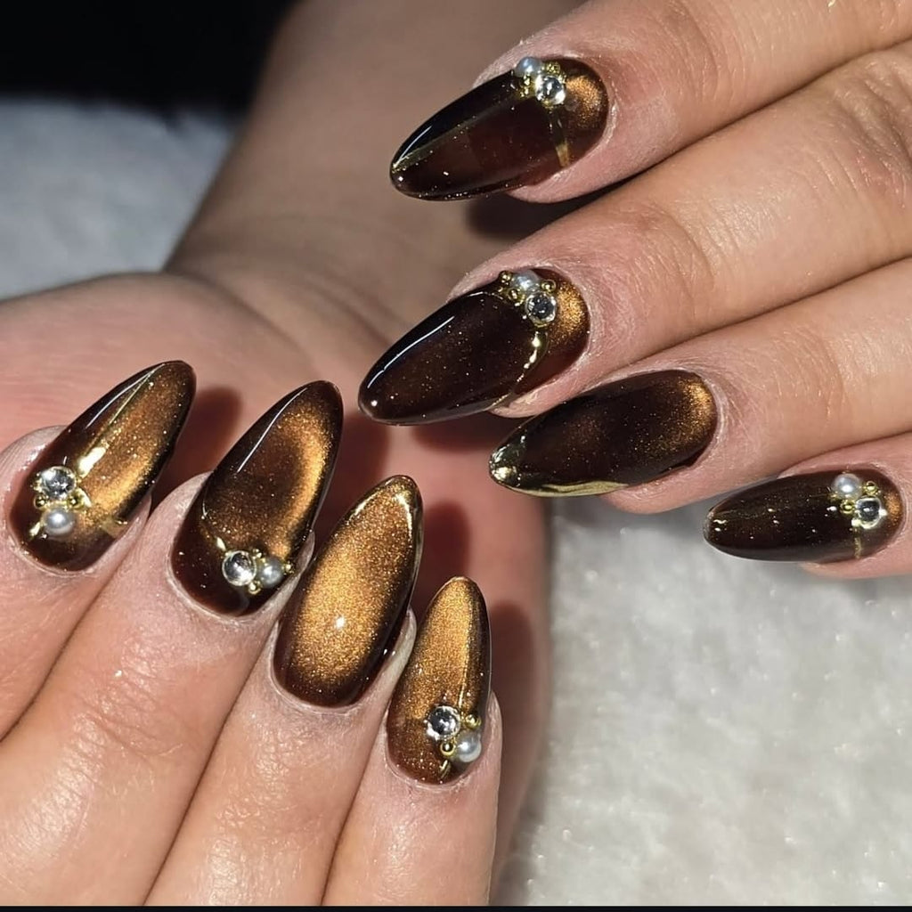 Dark Brown Cateye With Pearl and stone Art Press on Nails