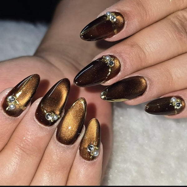 Dark Brown Cateye With Pearl and stone Art Press on Nails