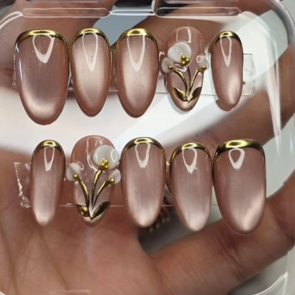 Pink Cateye Press on Nails with 3D Flower and Chrome Art